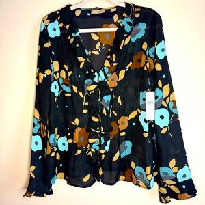i.e. NWT Black/Turqoise/Brown Floral Professional Ruffle Blouse 100% Silk SZ/LG